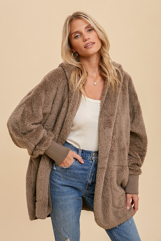 LET'S GET COZY HOODED FAUX FUR JACKET - ASH