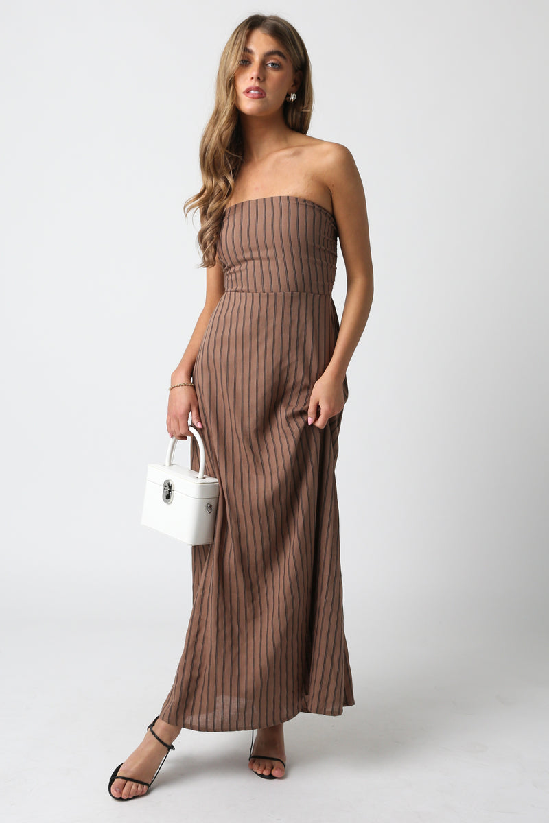 MIRANDA STRAPLESS LINEN BLEND MAXI DRESS - TAUPE/BLACK