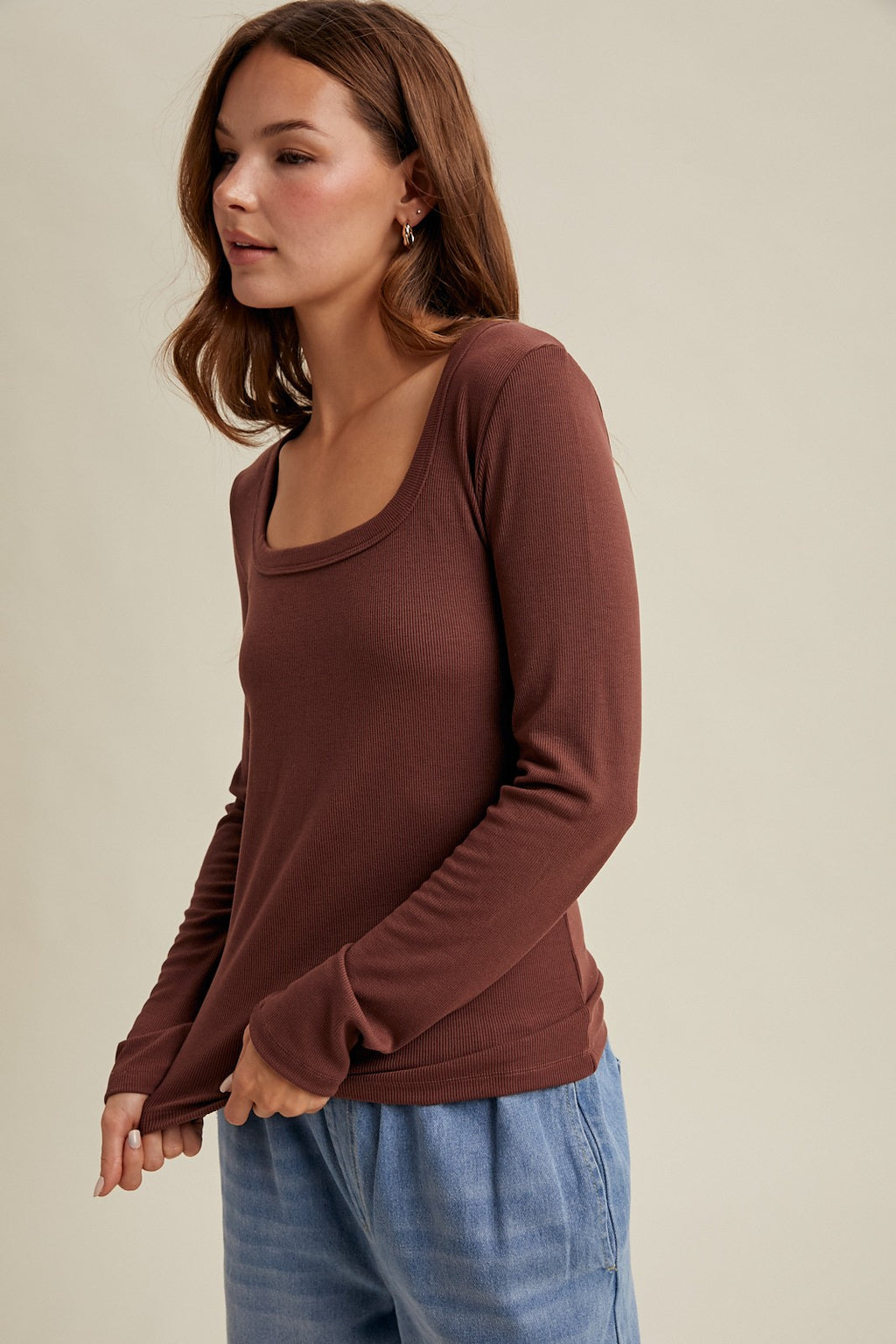 BLAKE RIBBED LONG SLEEVE TOP - ESPRESSO