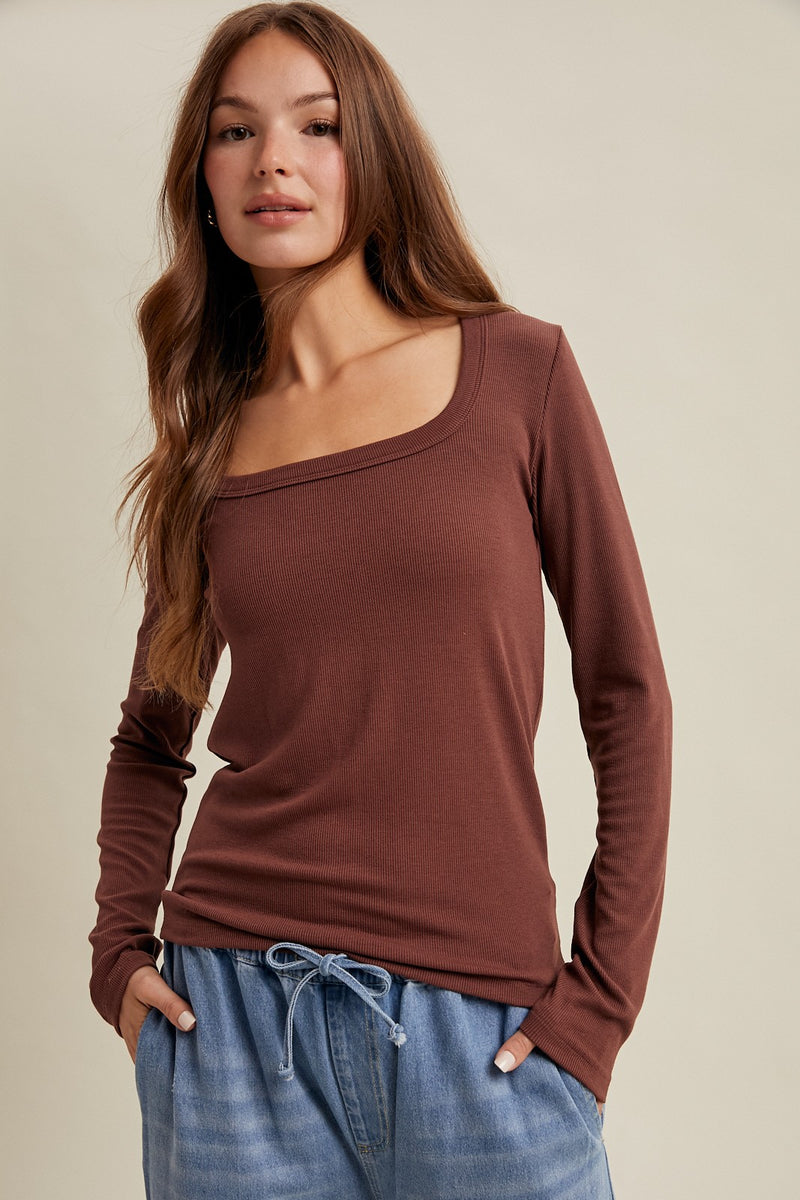 BLAKE RIBBED LONG SLEEVE TOP - ESPRESSO