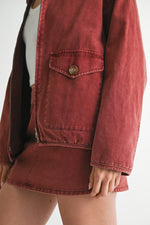 MIDTOWN DENIM BOMBER JACKET - BURGUNDY