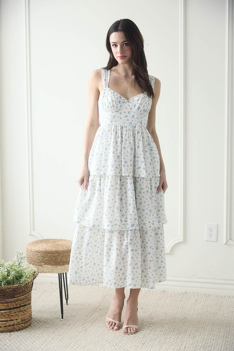 STILL IN LOVE FLORAL TIERED MIDI DRESS