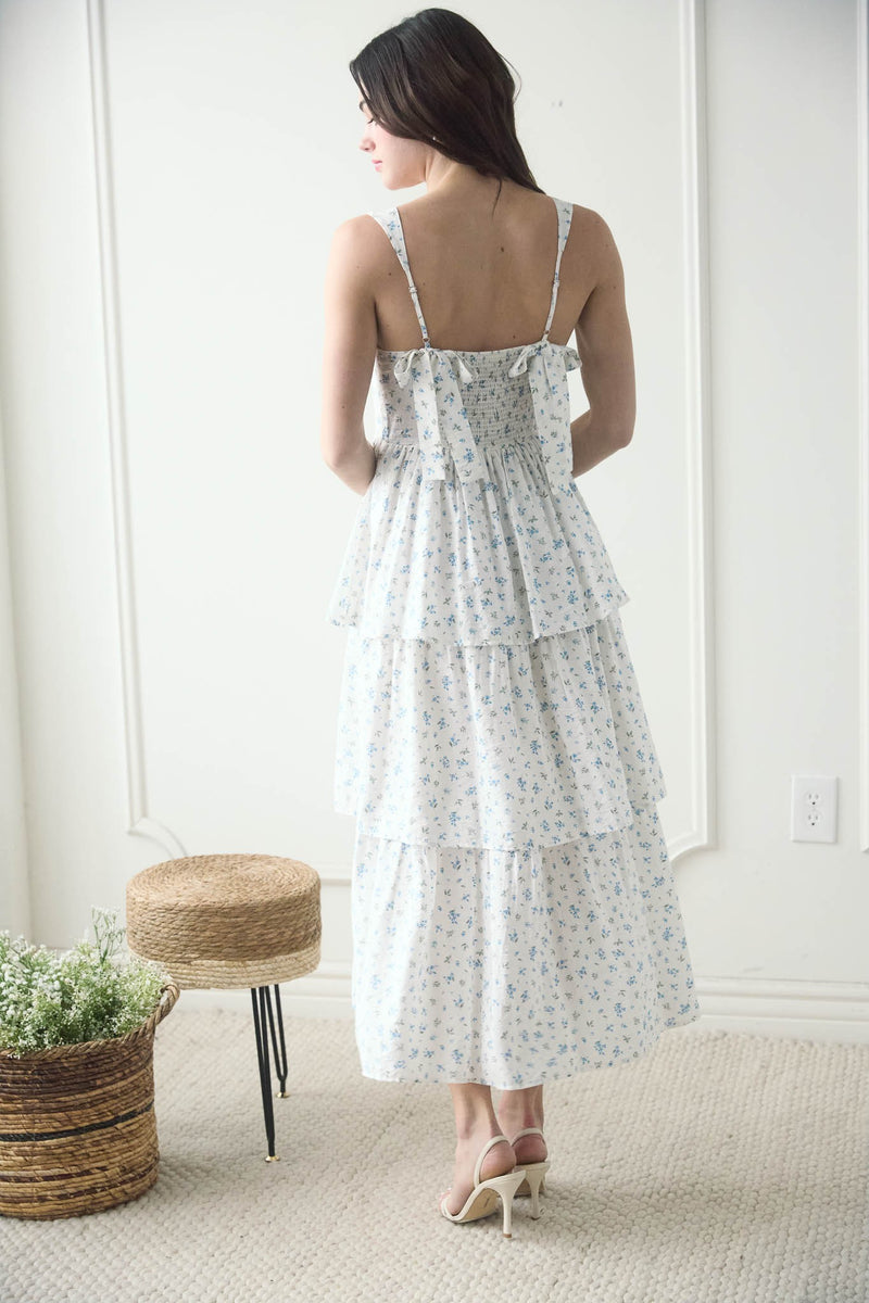 STILL IN LOVE FLORAL TIERED MIDI DRESS