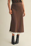 DESERT SAND LACE TRIM SATIN MAXI SKIRT