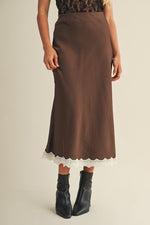DESERT SAND LACE TRIM SATIN MAXI SKIRT