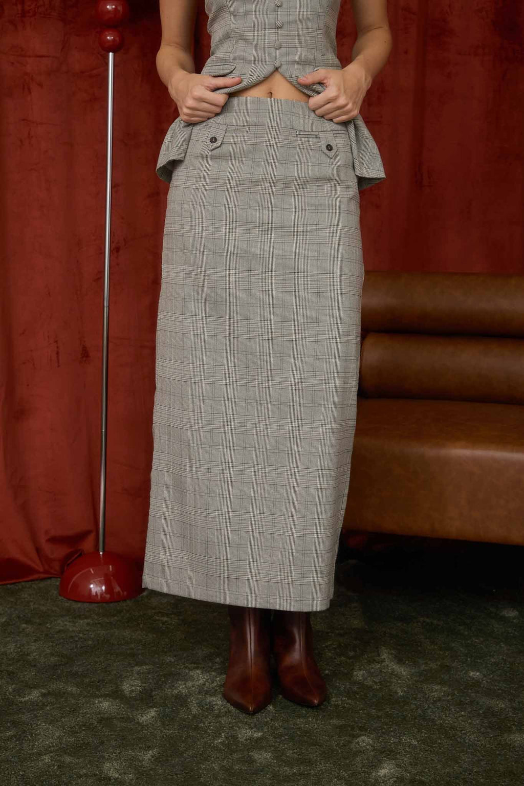 BOSS BABE PLAID MIDI PENCIL SKIRT
