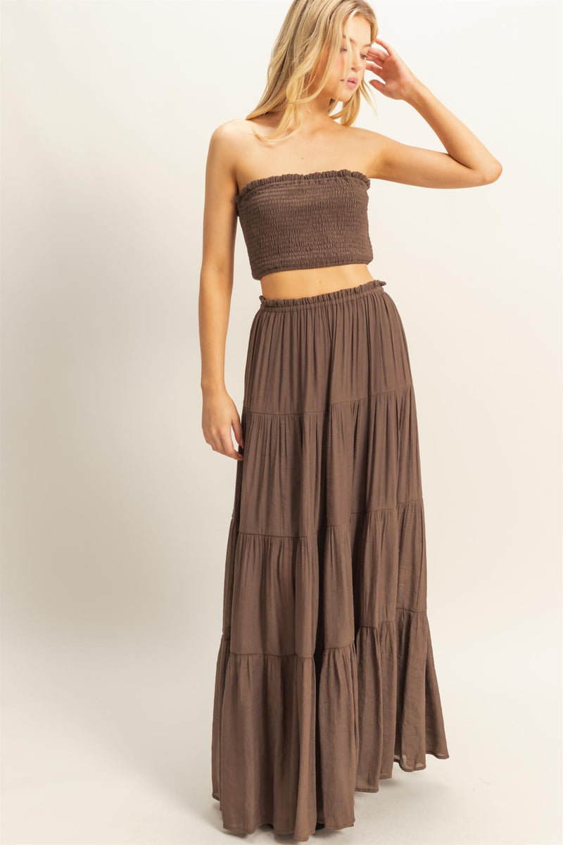 CABO SMOCKED TOP AND MAXI SKIRT SET - BROWN