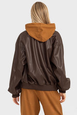 IT GIRL FAUX LEATHER OVERSIZED BOMBER JACKET - BROWN