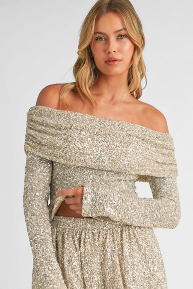 SHE'S A GEM OFF THE SHOULDER SEQUIN TOP