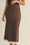 DESERT SAND LACE TRIM SATIN MAXI SKIRT