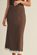 DESERT SAND LACE TRIM SATIN MAXI SKIRT