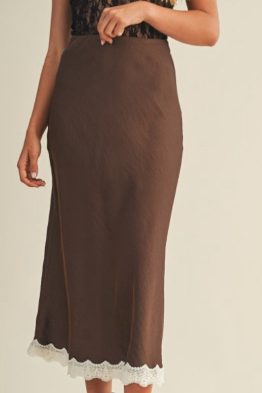 DESERT SAND LACE TRIM SATIN MAXI SKIRT