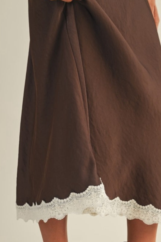 DESERT SAND LACE TRIM SATIN MAXI SKIRT