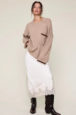 FOREVER YOUNG LACE HEM SATIN MIDI SKIRT