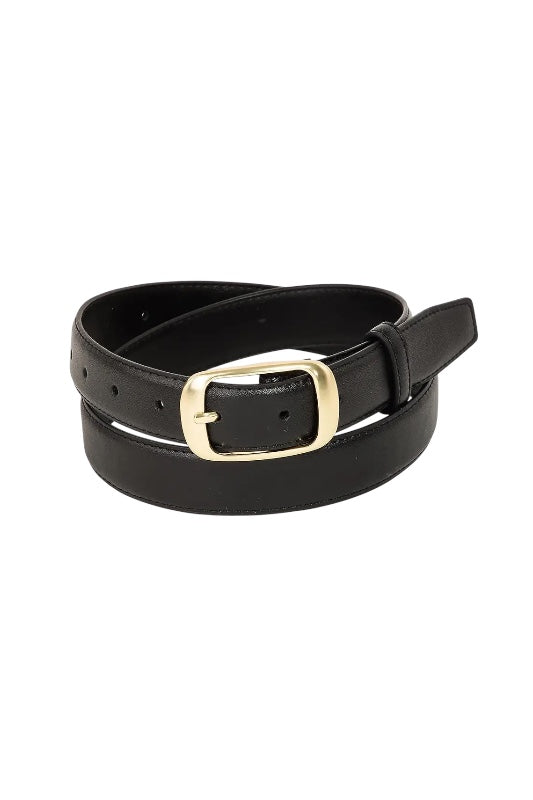 SOLID RECTANGLE BUCKLE LEATHER BELT - BLACK