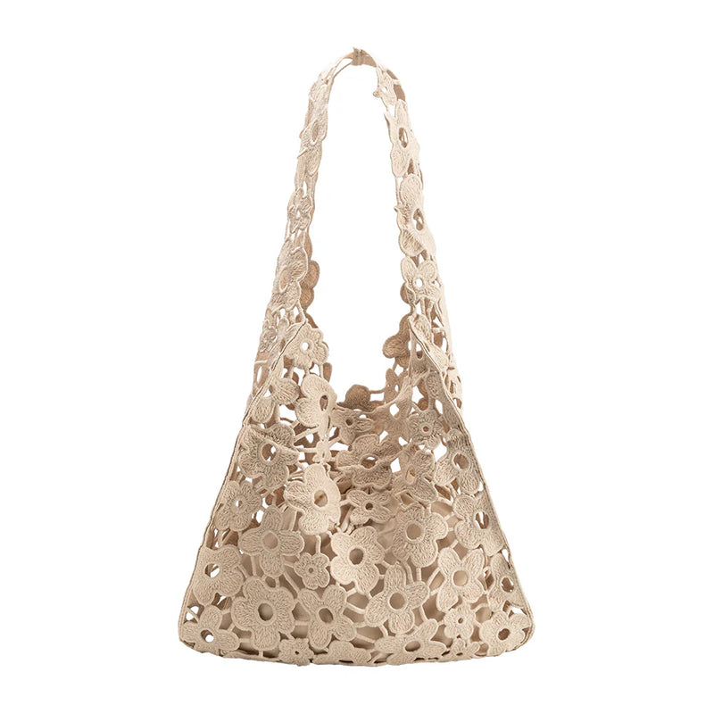 SANTORINI WOVEN FLORAL SHOULDER BAG - TAUPE