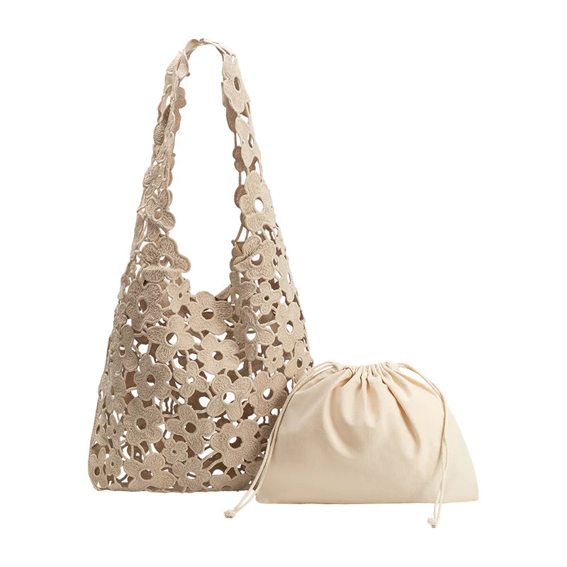 SANTORINI WOVEN FLORAL SHOULDER BAG - TAUPE