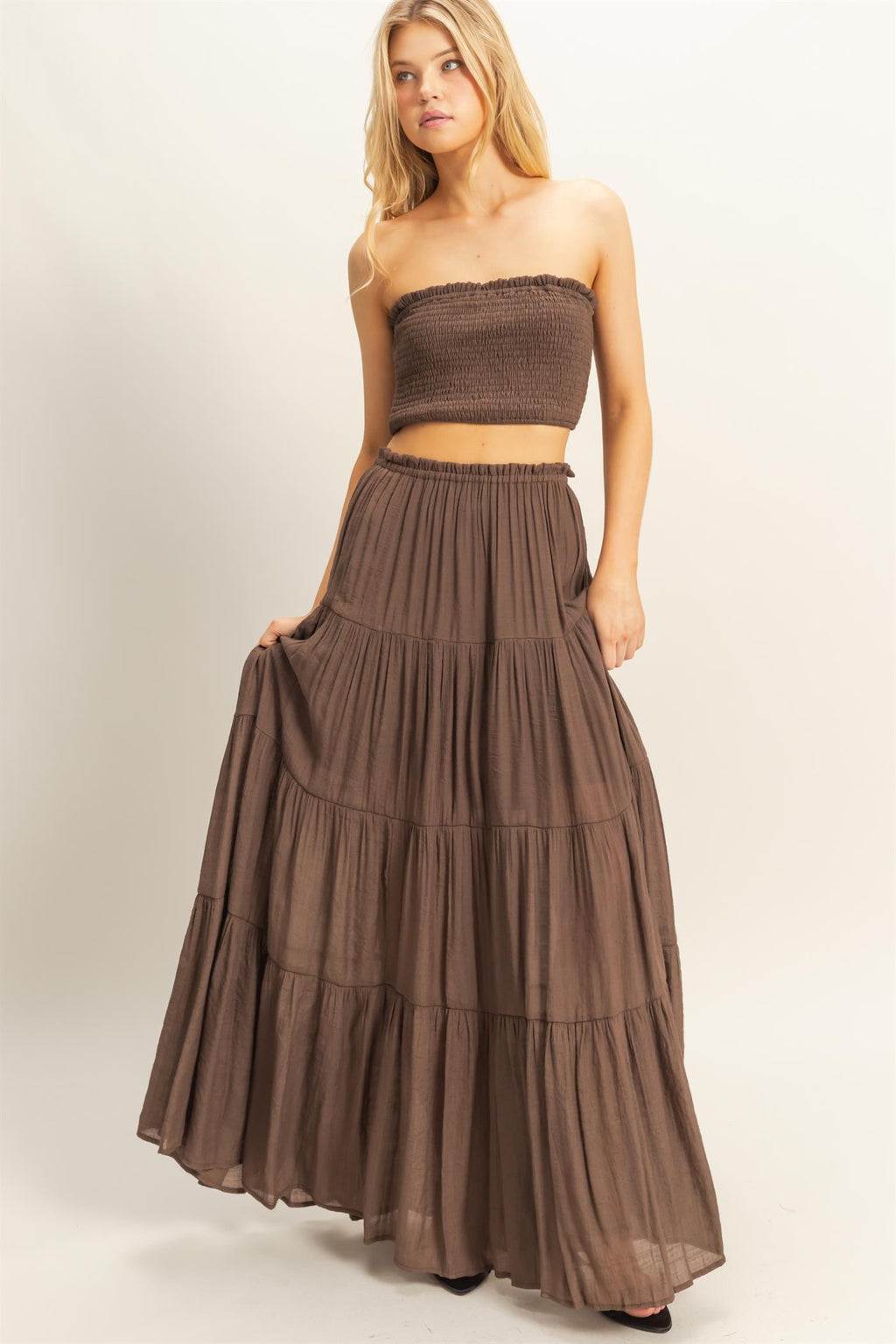 CABO SMOCKED TOP AND MAXI SKIRT SET - BROWN