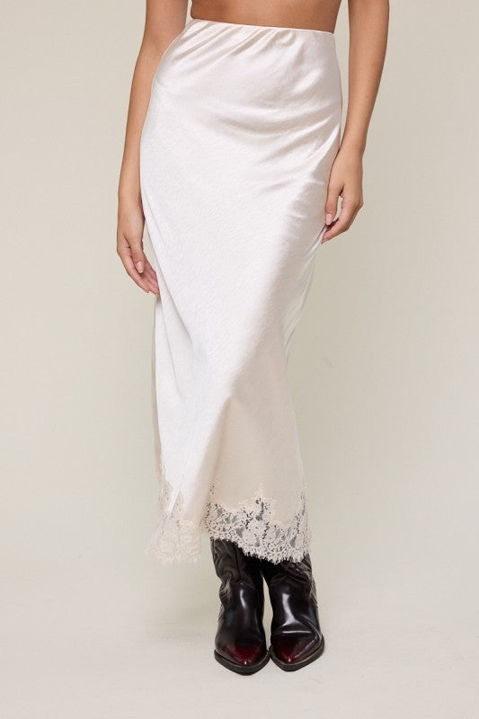 FOREVER YOUNG LACE HEM SATIN MIDI SKIRT
