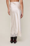 FOREVER YOUNG LACE HEM SATIN MIDI SKIRT
