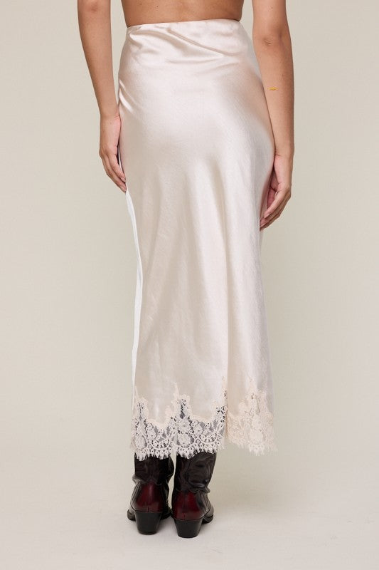 FOREVER YOUNG LACE HEM SATIN MIDI SKIRT