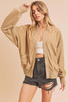 tan lightweight bomber jacket with buttons
