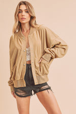 tan lightweight bomber jacket with buttons