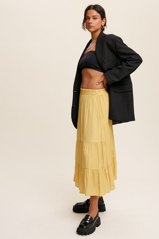 yellow tiered maxi skirt with pockets