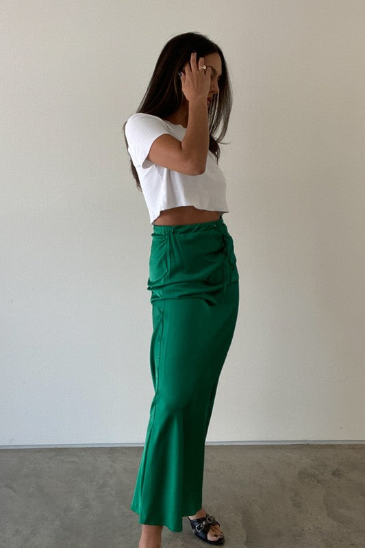 green satin maxi skirt with waist tie